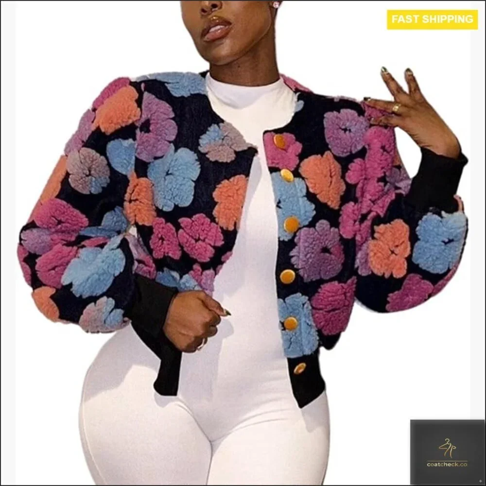 Cropped Fleece Bomber Jacket Puff Sleeve Floral Print Button Down